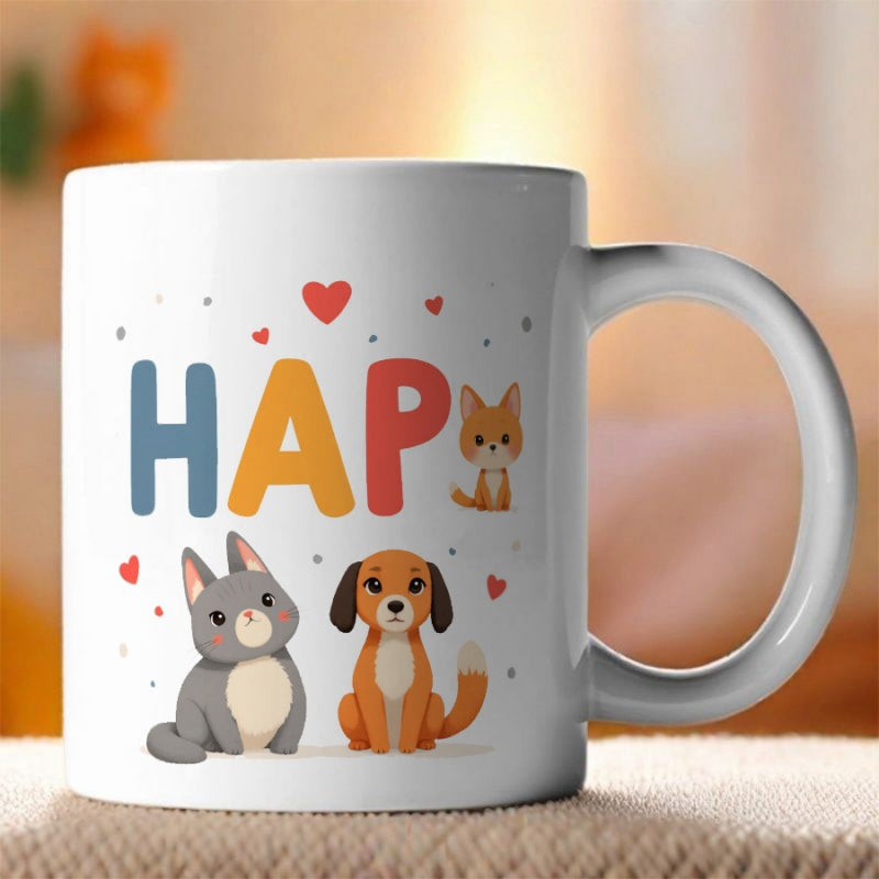 Tailorly White Ceramic 11 oz Mug - HAP Adorable Gray Cat And Brown Dog Surrounded By Sweet Hearts Mug