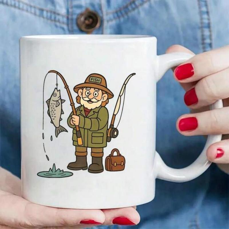 Tailorly White Ceramic 11 oz Mug - Cheerful Cartoon Man In Fishing Hat Holding Rod With Caught Fish Fisherman