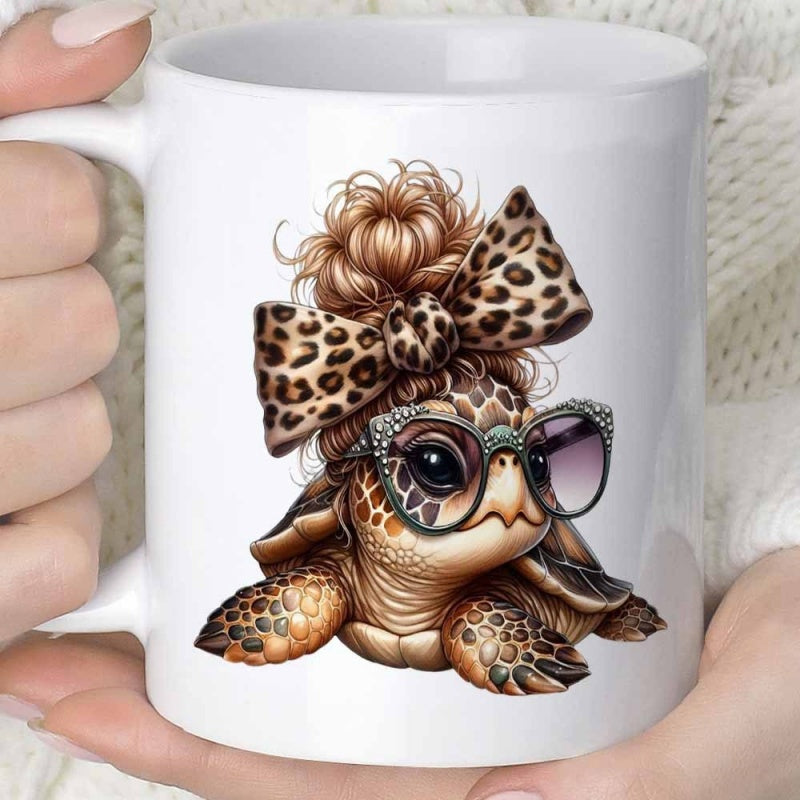 Tailorly White Ceramic 11 oz Mug - Adorable Little Sea Creature With Messy Bun And Leopard Bow Turtle