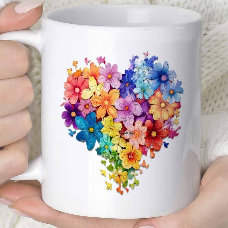 Tailorly White Ceramic 11 oz Mug - Vibrant Colorful Spring Blossoms Arranged In A Romantic Delicate Silhouette Heart