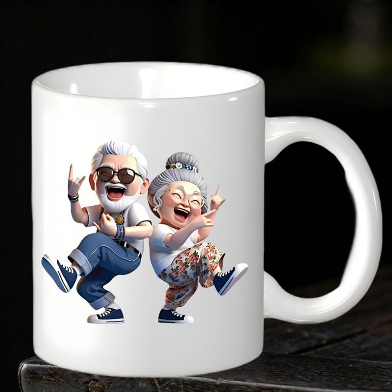 Tailorly White Ceramic 11 oz Mug - Joyful Dancing Elderly Pair Wearing Modern Stylish Hip Hop Fashion Couple