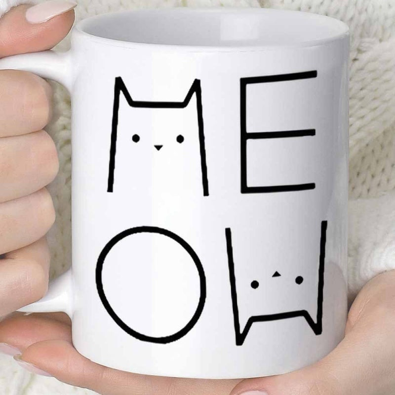 Tailorly White Ceramic 11 oz Mug - Meow Minimalist Black Ink Line Art Illustration On White Surface Ceramic Cat