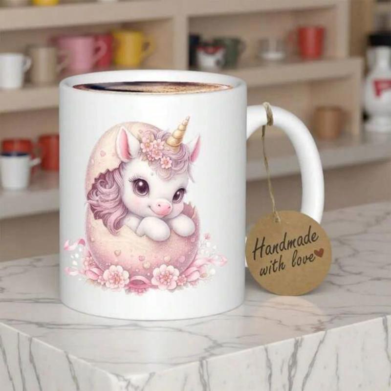 Tailorly White Ceramic 11 oz Mug - Handmade With Love Baby Unicorn Inside A Cracked Egg Shell Decorated With Delicate Pink Flowers Unicorn