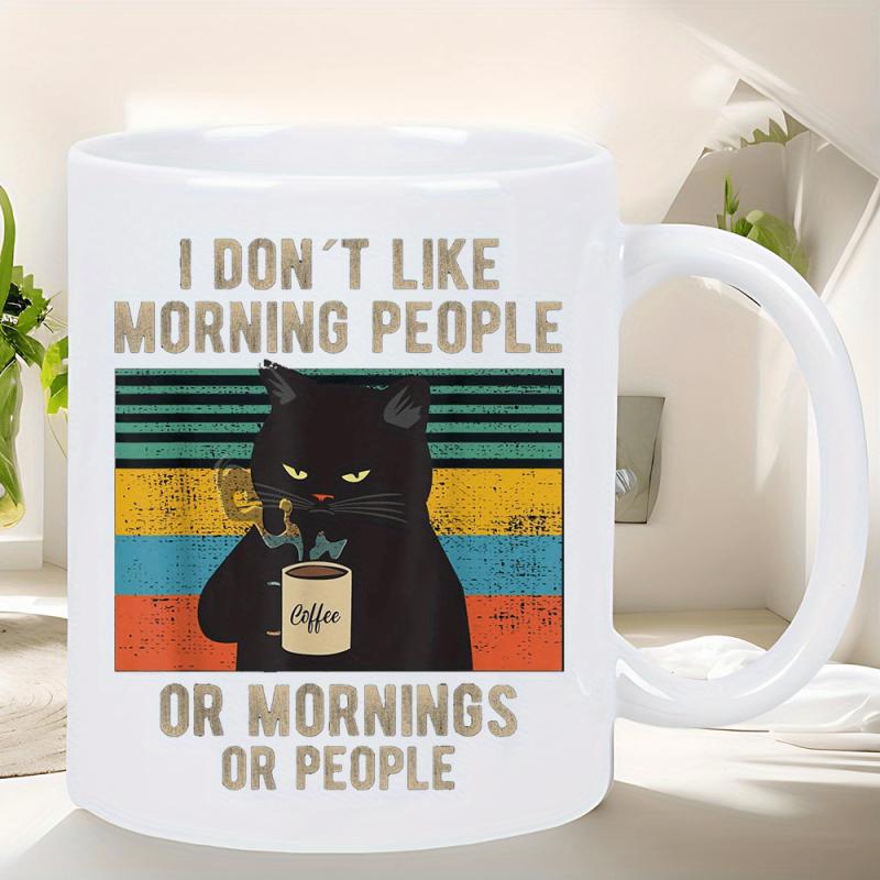 Tailorly White Ceramic 11 oz Mug - I Dont Like Morning People Or Mornings Or People Grumpy Black Feline Holding Steaming Hot Cup Under Retro Vintage Sunset Cat