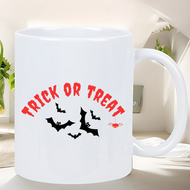 Tailorly White Ceramic 11 oz Mug - Trick Or Treat Spooky Black Silhouettes Flying Through The Air With Small Red Spider Bats