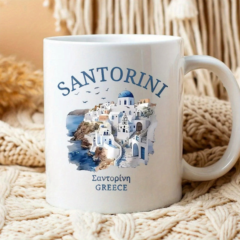 Tailorly White Ceramic 11 oz Mug - Santorini Greece Iconic Blue Dome Buildings Perched Over Deep Blue Mediterranean Waters Santorini