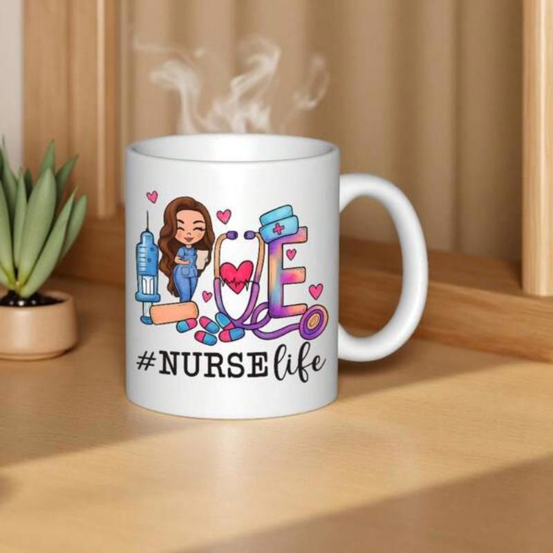Tailorly White Ceramic 11 oz Mug - Nurse Life Colorful Medical Icons Surrounding A Cute Cartoon Healthcare Professional Nurse