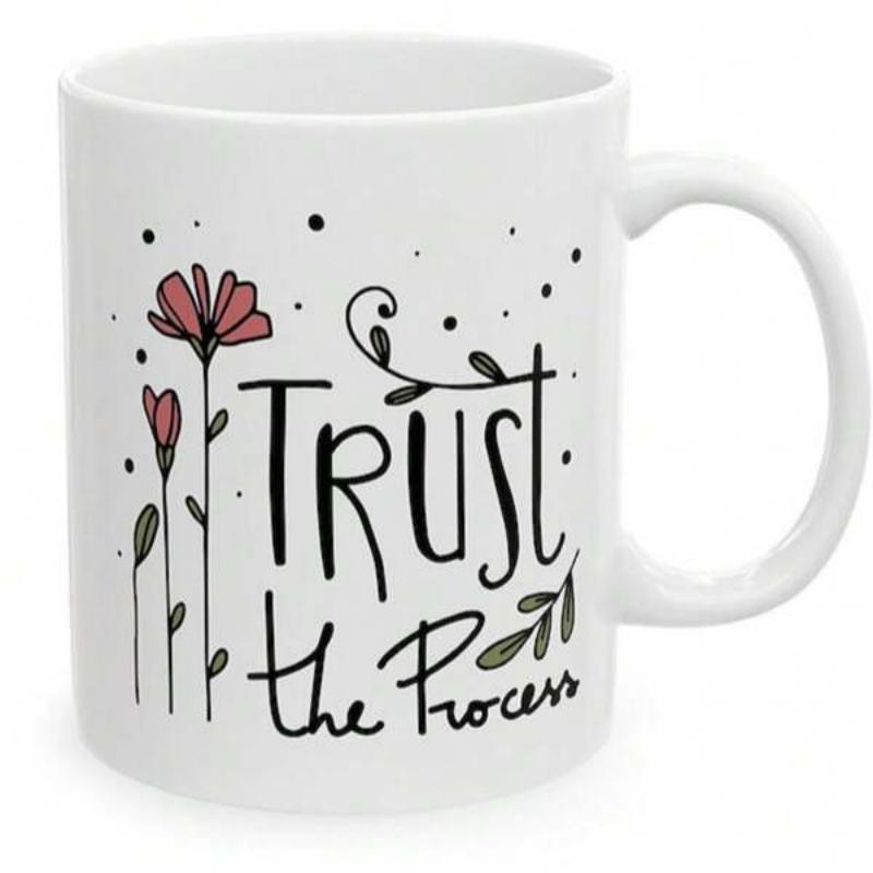 Tailorly White Ceramic 11 oz Mug - Trust The Process Delicate Line Art Flowers With Elegant Leaves And Scattered Dots Flower