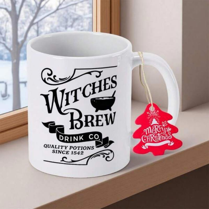 Tailorly White Ceramic 11 oz Mug - Witches Brew Drink Co Quality Potions Since 1542 Vintage Style Decorative Swirls Featuring Cauldron Icon And Banner Ribbon Mug