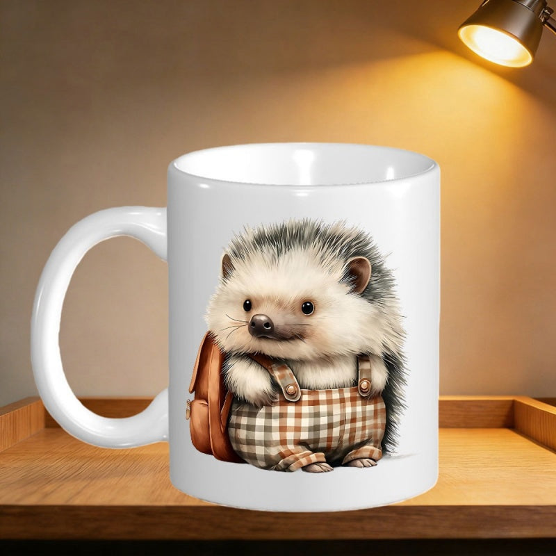 Tailorly White Ceramic 11 oz Mug - Cute Hedgehog Wearing Plaid Overalls Carrying Small Backpack In Soft Light Hedgehog