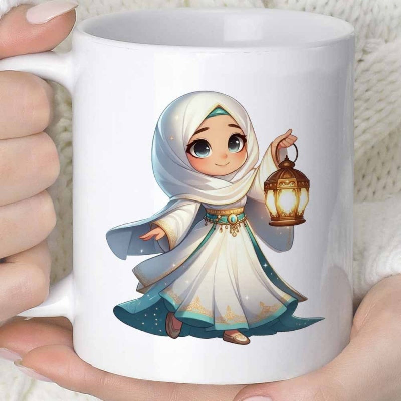 Tailorly White Ceramic 11 oz Mug - Adorable Cartoon Chibi Girl Holding Glowing Lantern Wearing Elegant Hijab Girl