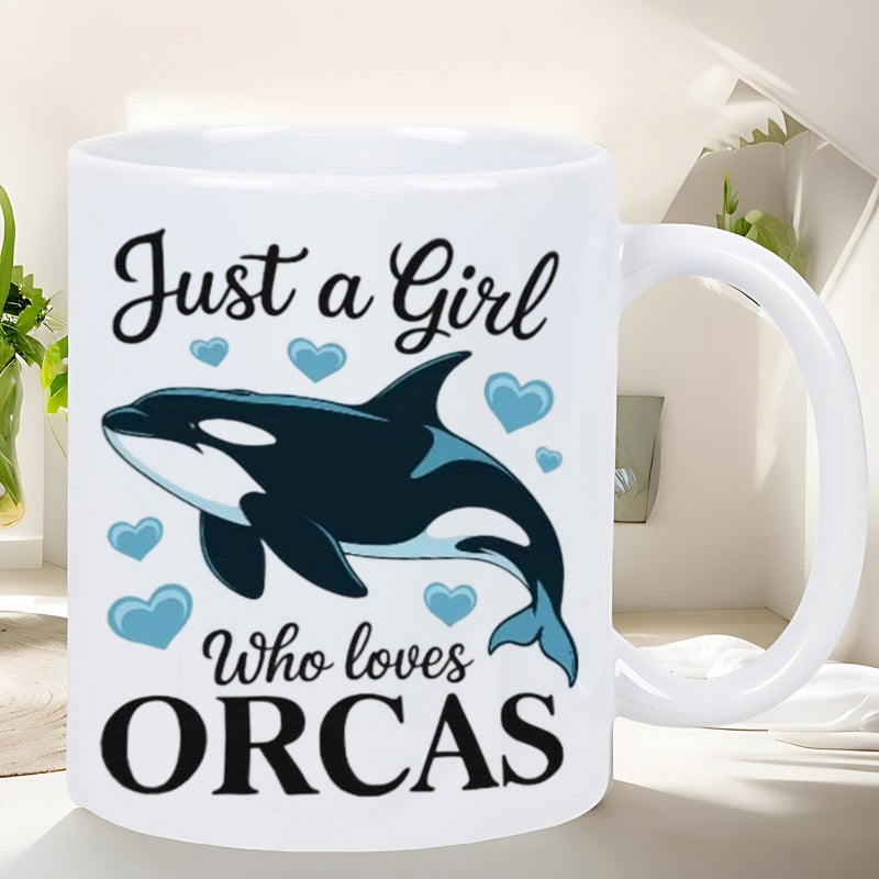 Tailorly White Ceramic 11 oz Mug - Just A Girl Who Loves Orcas Majestic Sea Creature Jumping Among Soft Blue Hearts Orca