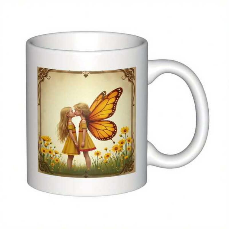 Tailorly White Ceramic 11 oz Mug - Vintage Artistic Illustration Of Little Children With Golden Butterfly Wings Among Flowers Fairy