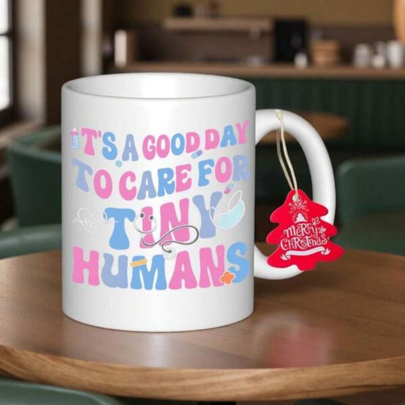 Tailorly White Ceramic 11 oz Mug - Its A Good Day To Care For Tiny Humans Retro Colorful Typography Featuring Stethoscope And Floating Little Hearts Mug