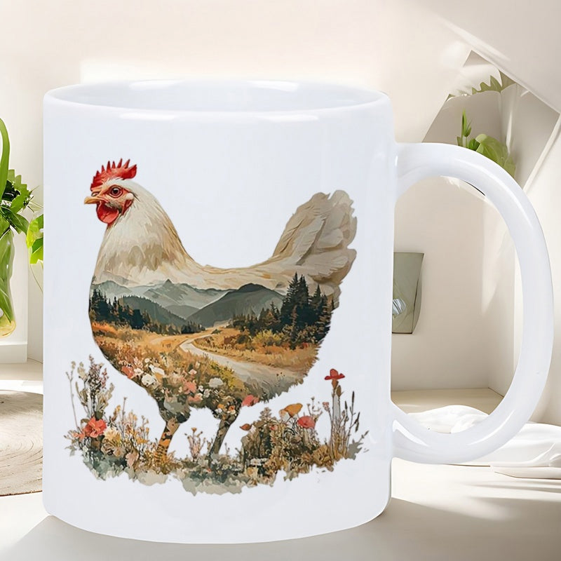 Tailorly White Ceramic 11 oz Mug - Majestic Rooster Silhouette With Scenic Mountain Landscape And Blooming Field Flowers Chicken