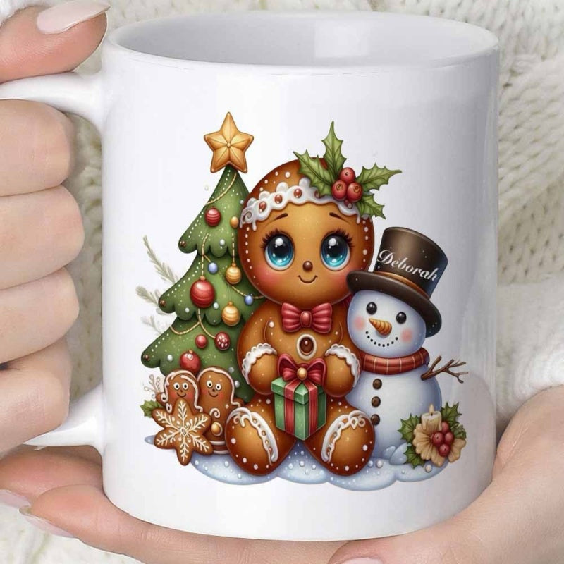 Tailorly White Ceramic 11 oz Mug - Deborah Festive Christmas Scene With Cute Snowman And Tree Gingerbread Man