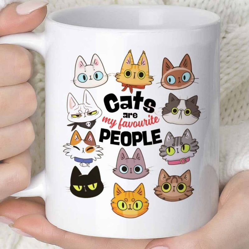 Tailorly White Ceramic 11 oz Mug - Cats Are My Favourite People Adorable Variety Of Cartoon Feline Faces With Different Colors And Expressions Cat