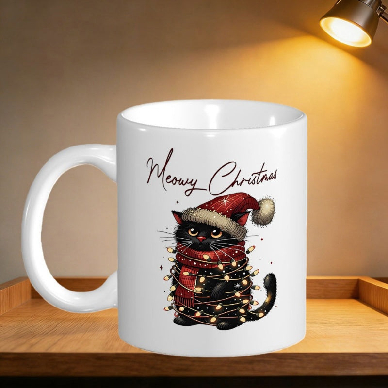 Tailorly White Ceramic 11 oz Mug - Meowy Christmas Adorable Black Kitten Wearing Festive Red Santa Hat Wrapped In Glowing Holiday Lights Cat