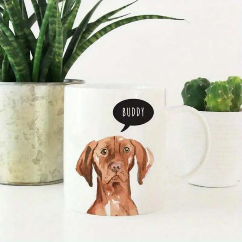 Tailorly White Ceramic 11 oz Mug - Buddy Hand Painted Style Brown Dog Portrait Featuring A Friendly Loyal Vizsla