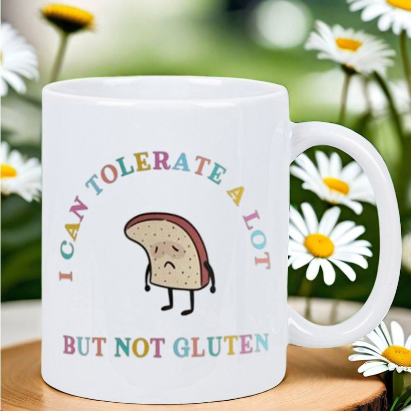 Tailorly White Ceramic 11 oz Mug - I Can Tolerate A Lot But Not Gluten Sad Cartoon Bread Character Standing Alone On A White Background Toast