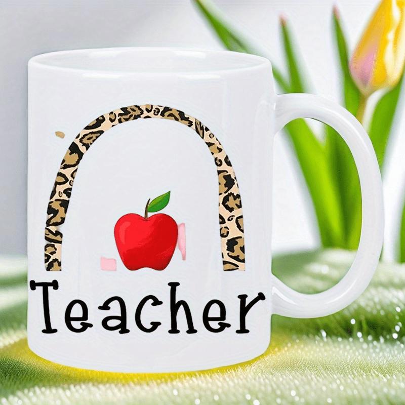 Tailorly White Ceramic 11 oz Mug - Teacher Leopard Print Pattern Rainbow With Vibrant Red Apple Mug
