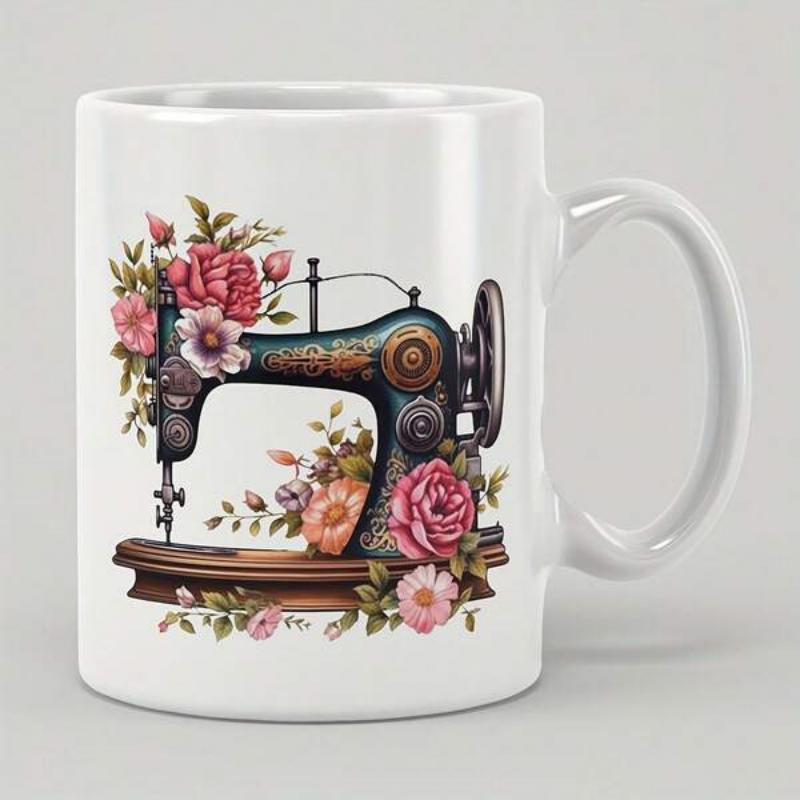 Tailorly White Ceramic 11 oz Mug - Vintage Antique Style Embellished With Delicate Pink Blooming Floral Roses Sewing Machine