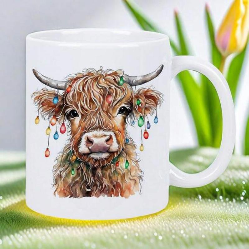 Tailorly White Ceramic 11 oz Mug - Rustic Shaggy Highland Animal Adorned With Colorful Glowing Festive Christmas Lights Cow