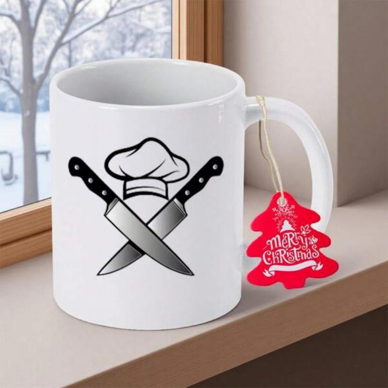 Tailorly White Ceramic 11 oz Mug - Professional Culinary Symbol With Crossed Sharp Stainless Steel Blades And Hat Knife