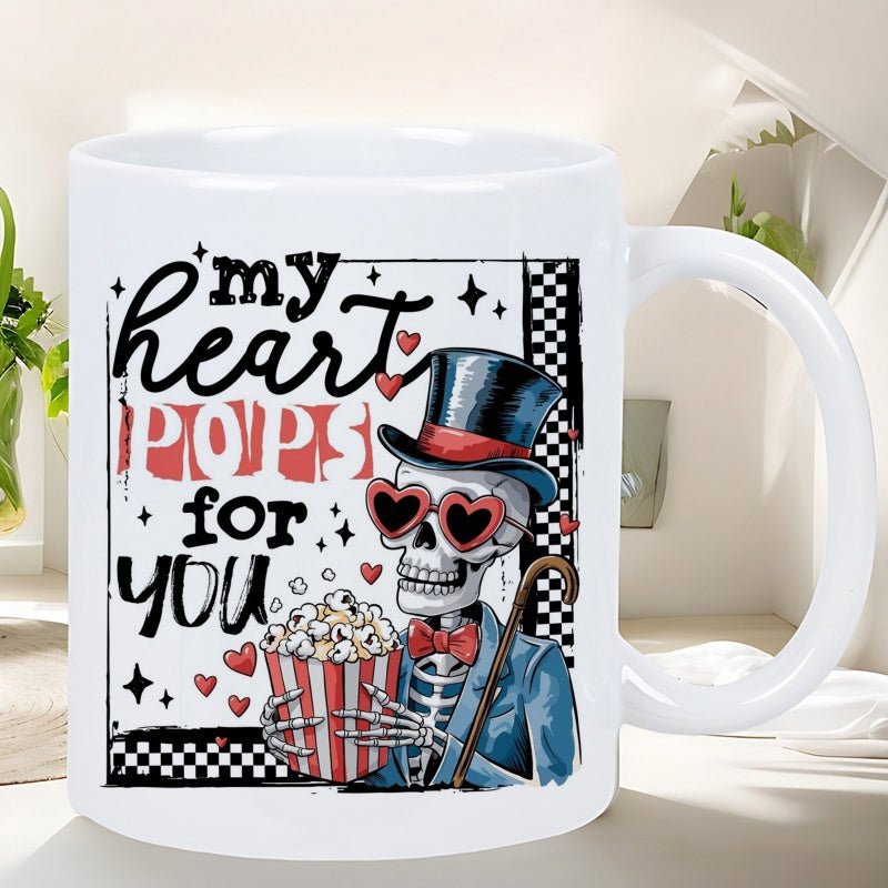 Tailorly White Ceramic 11 oz Mug - My Heart Pops For You Dapper Skeleton Wearing Heart Shaped Glasses Holding Popcorn Skeleton