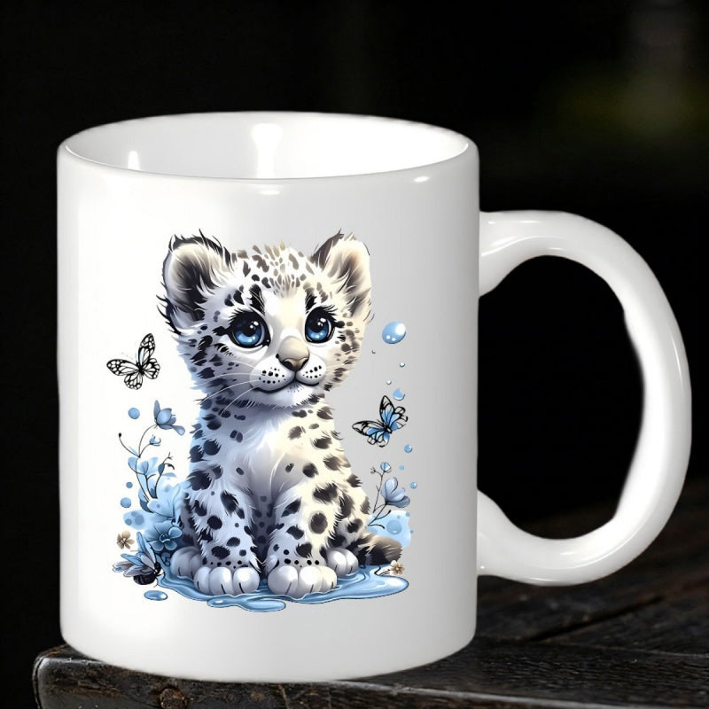 Tailorly White Ceramic 11 oz Mug - Adorable Snow Leopard Cub With Blue Eyes Playing Among Fluttering Butterflies Leopard
