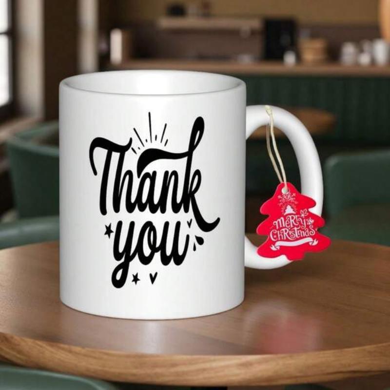 Tailorly White Ceramic 11 oz Mug - Thank You Merry Christmas Minimalist White Ceramic Cup Featuring Stylish Handwritten Text Mug
