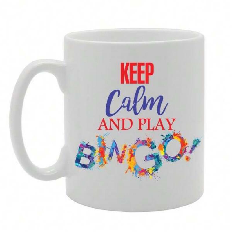 Tailorly White Ceramic 11 oz Mug - Keep Calm And Play Bingo Vibrant Multi Colored Paint Splatter Letters Resting Against Clean White Ceramic Bingo