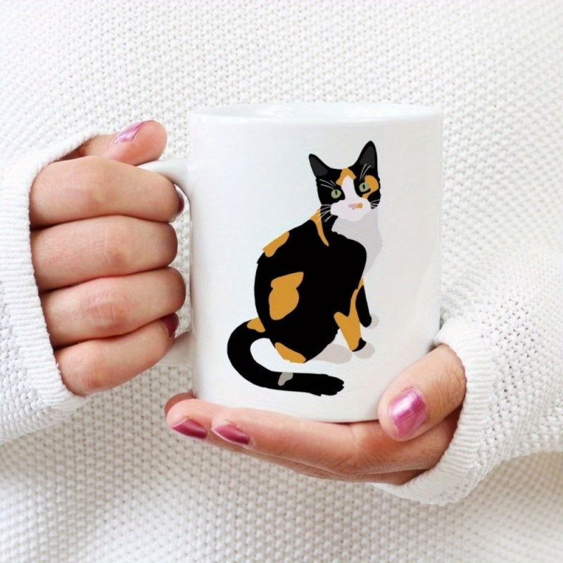 Tailorly White Ceramic 11 oz Mug - Elegant Minimalist Sitting Pattern Featuring A Three Color Calico Cat