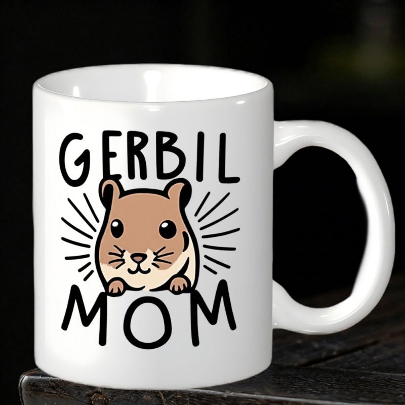 Tailorly White Ceramic 11 oz Mug - Gerbil Mom Peeking Brown Rodent Surrounded By Radiant Lines Of Light Gerbil