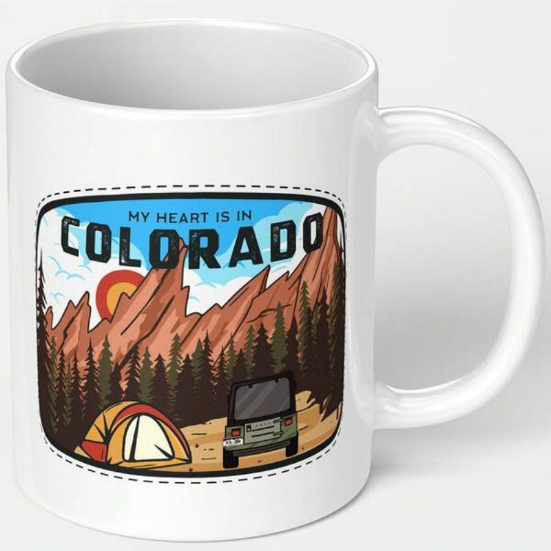Tailorly White Ceramic 11 oz Mug - My Heart Is In Colorado Majestic Pine Forest And Cozy Tent Beneath Rocky Mountains