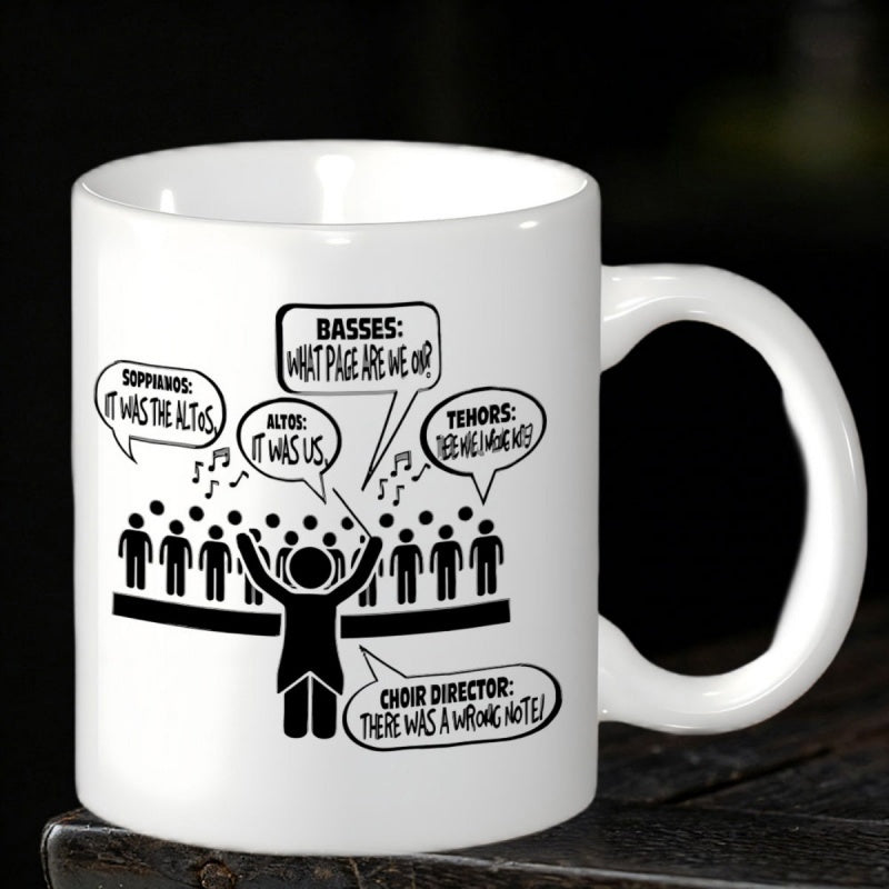 Tailorly White Ceramic 11 oz Mug - Sopranos Altos Basses Tenors Choir Director Minimalist Silhouettes Of A Musical Group Singing Under A Conductor Choir