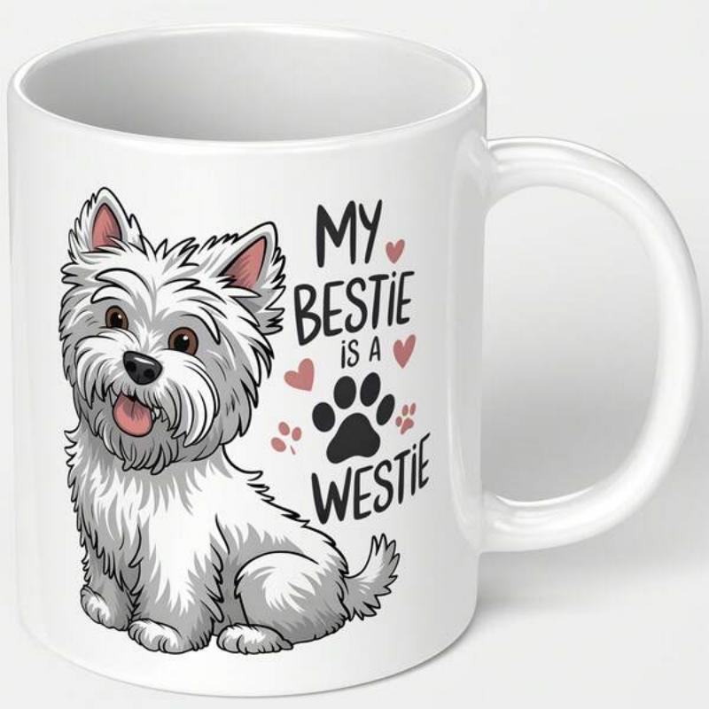 Tailorly White Ceramic 11 oz Mug - My Bestie Is A Westie Adorable Sitting White Terrier Surrounded By Tiny Pink Hearts Westie
