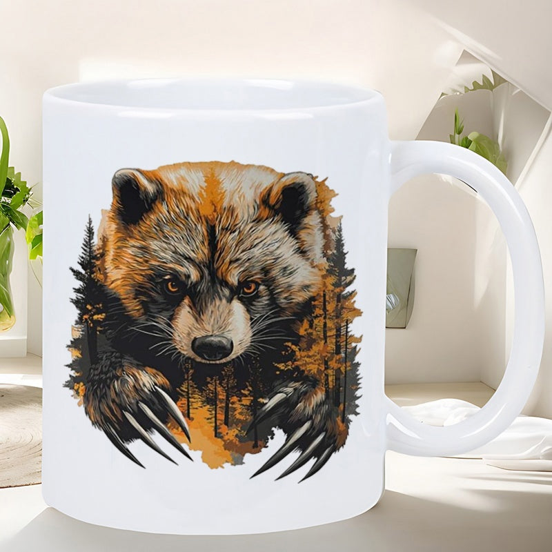 Tailorly White Ceramic 11 oz Mug - Fierce Wild Animal Emerging From Dense Pine Forest With Sharp Claws Bear