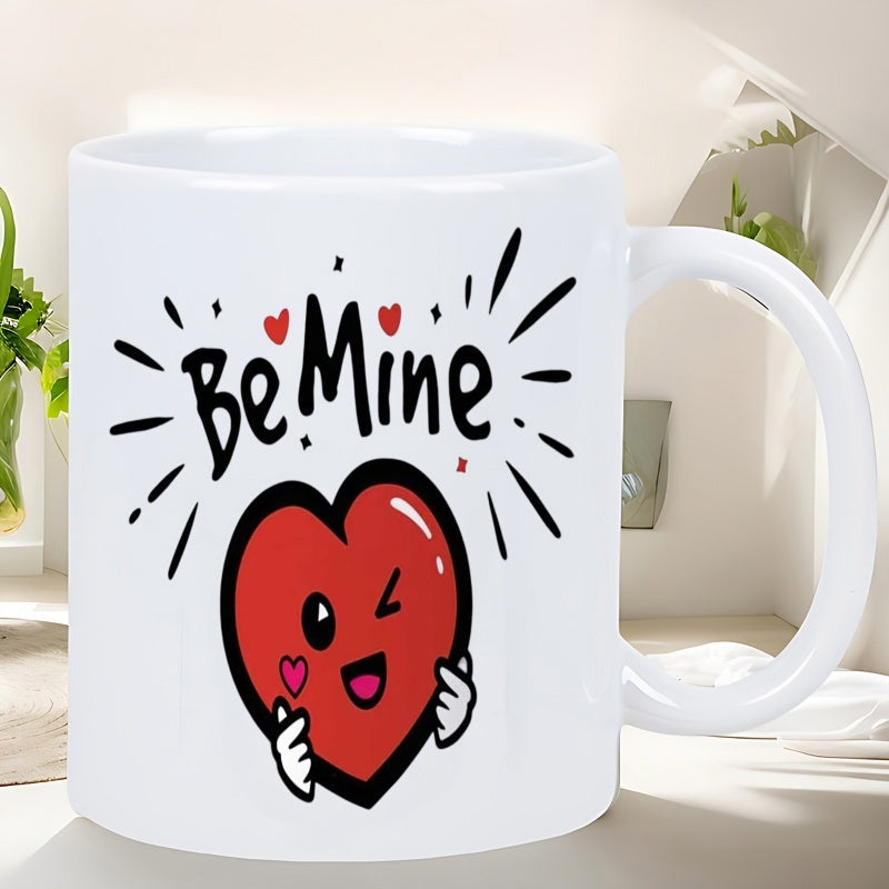Tailorly White Ceramic 11 oz Mug - Be Mine Adorable Winking Red Character With Radiant Black Lines Heart