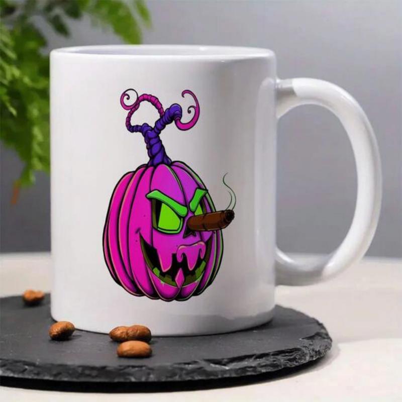 Tailorly White Ceramic 11 oz Mug - Spooky Purple Evil Pumpkin With Green Eyes Smoking A Brown Cigar Pumpkin