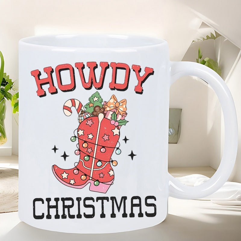 Tailorly White Ceramic 11 oz Mug - Howdy Christmas Festive Western Style Pink Star Patterned Holiday Decorated Cowboy Boot