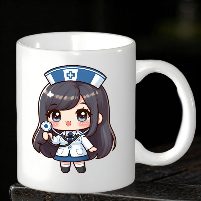 Tailorly White Ceramic 11 oz Mug - Adorable Anime Chibi Girl Wearing Medical Uniform Holding Professional Stethoscope Nurse