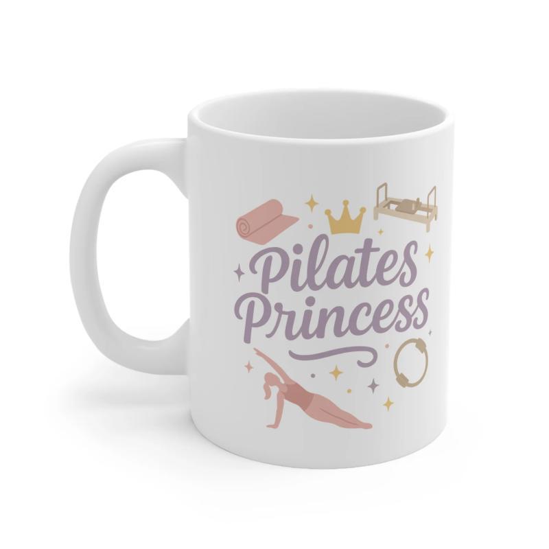 Tailorly White Ceramic 11 oz Mug - Pilates Princess Graceful Silhouette Featuring Golden Crown And Professional Reformer Equipment Silhouette