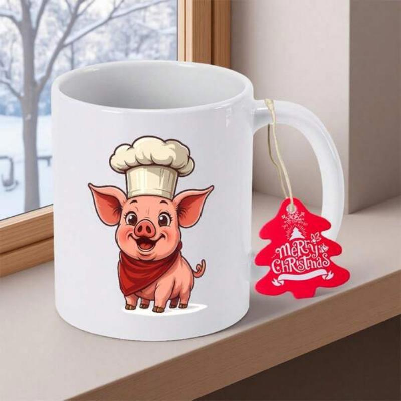 Tailorly White Ceramic 11 oz Mug - Merry Christmas Adorable Cartoon Chef Wearing Tall White Hat And Red Scarf Pig