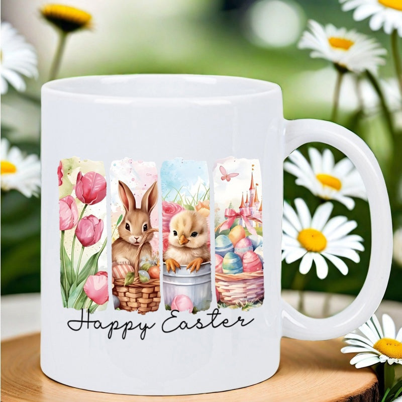 Tailorly White Ceramic 11 oz Mug - Happy Easter Cute Watercolor Rabbit Chick And Floral Garden With Festive Eggs Bunny