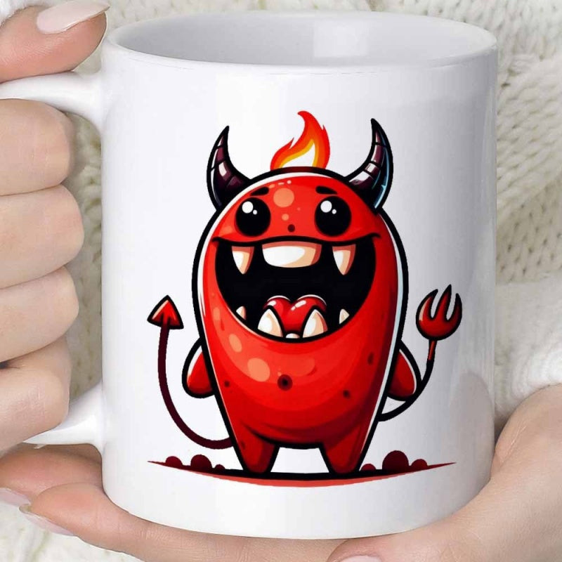 Tailorly White Ceramic 11 oz Mug - Vibrant Red Cartoon Creature With Sharp Horns And Small Flame Monster