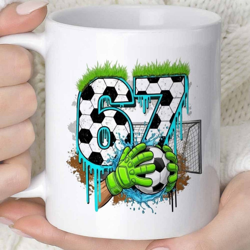 Tailorly White Ceramic 11 oz Mug - Vibrant Soccer Theme Featuring Goalkeeper Gloves Catching Ball In Front Of Number Goalkeeper