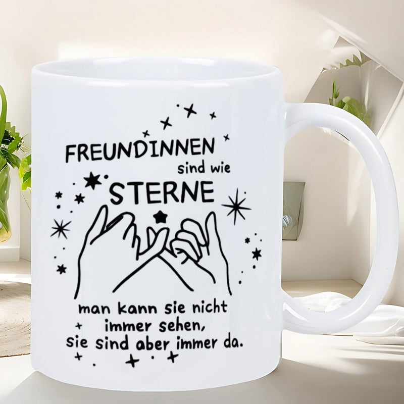 Tailorly White Ceramic 11 oz Mug - Minimalist Line Art Silhouette Depicting Pinky Promise Gesture Under Twinkling Stars Hands