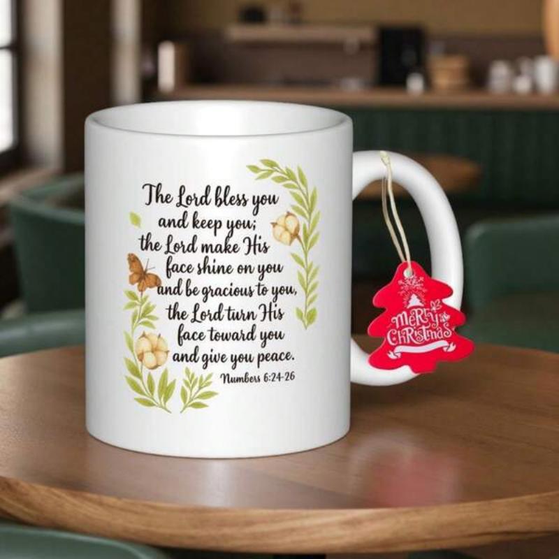 Tailorly White Ceramic 11 oz Mug - The Lord Bless You And Keep You Numbers Beautiful Watercolor Style Greenery Frame With Delicate Butterflies And Florals Mug