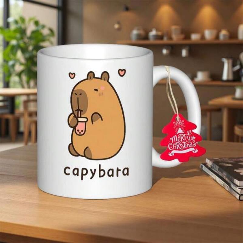 Tailorly White Ceramic 11 oz Mug - Capybara Cute Brown Animal Sipping Bubble Tea With Little Hearts Floating Capybara